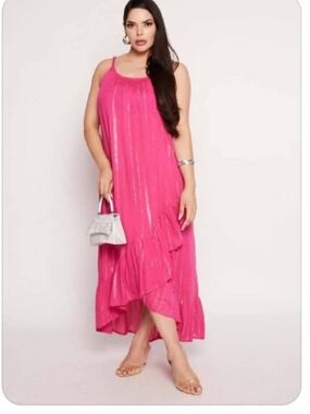 Plus-Size Hot Pink Sleeveless Pleated Midi Dress